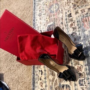 Valentino Black Patent Leather Peep-Toe Heels with Bow Detail